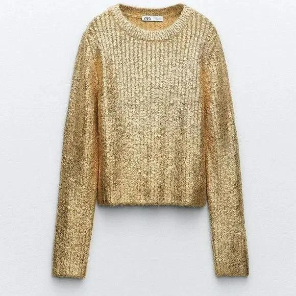 BLOGGER’S FAVE | NWT ZARA GOLD METALLIC SHIMMER CRACKLED KNIT SWEATER - Picture 8 of 11